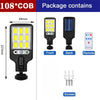 A solar powered motion sensor security light with 108 COB LED bulbs shown in front, back, and remote views.