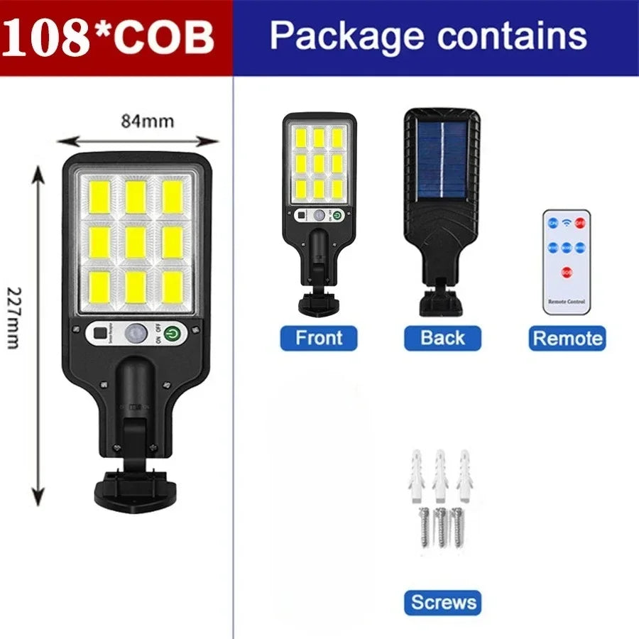 A solar powered motion sensor security light with 108 COB LED bulbs shown in front, back, and remote views.