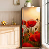 A refrigerator featuring a floral design decal with red poppies and yellow accents.