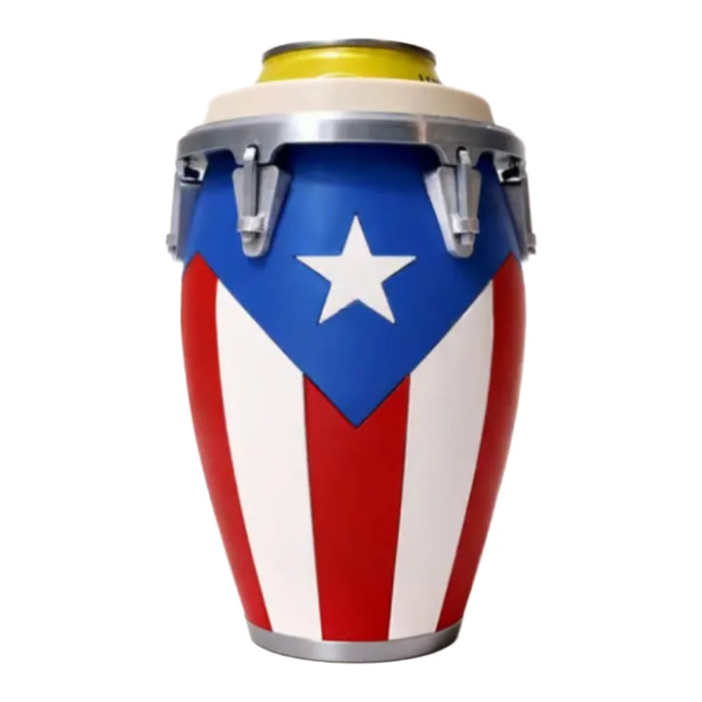 A silver and red patriotic drum-style can holder with a yellow top.