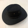 A black classic western cowboy hat with a wide brim and an adjustable drawstring.
