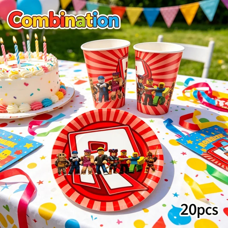 A table set featuring a cake, party cups, and plates with robot figures for a combination themed party.