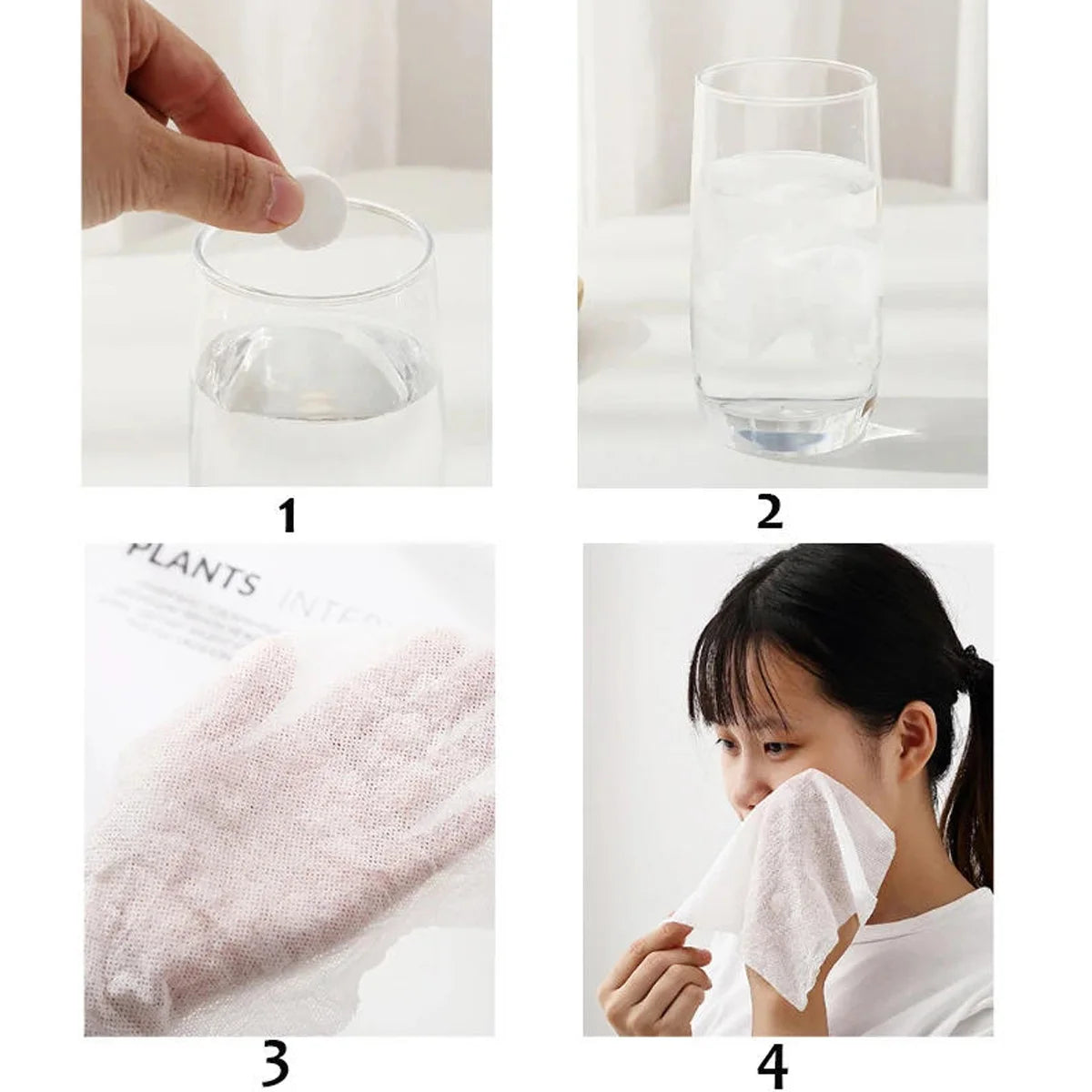 Four images showing compressed camping towels being used for cleaning or wiping.