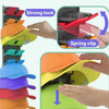 A wall-mounted hat organizer rack showing various colored hats being secured with a strong lock and spring clip.
