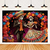 A vibrant photo backdrop featuring a colorful floral skull design with skeletons and rich autumnal colors.