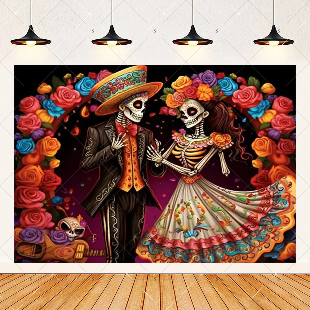 A vibrant photo backdrop featuring a colorful floral skull design with skeletons and rich autumnal colors.