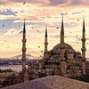 A panoramic view of the Hagia Sophia and surrounding structures at sunset with birds flying above.