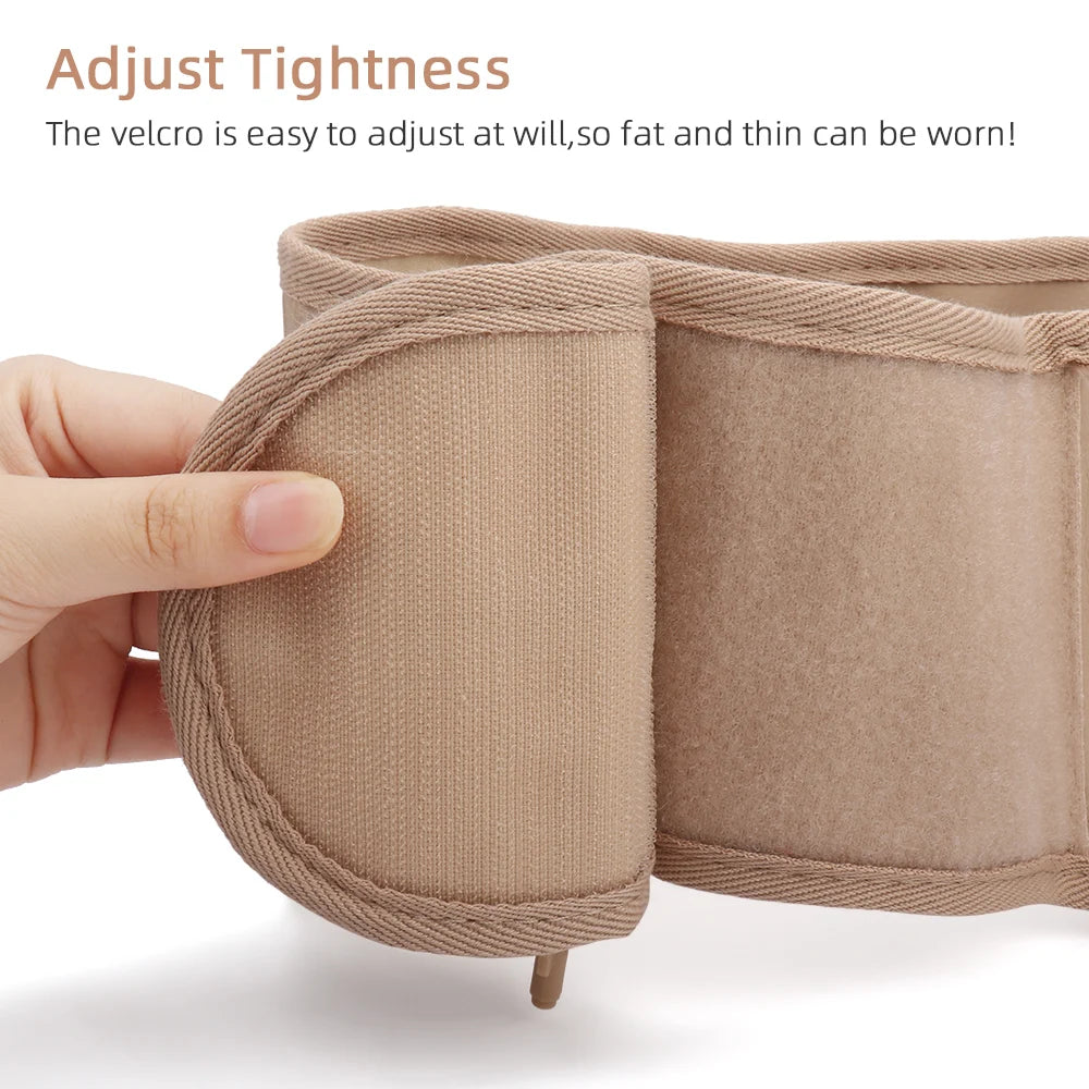 A hand adjusts the tightness of a beige inflatable lumbar support belt for back pain relief.