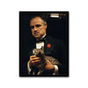 A black and white canvas wall art featuring a portrait of a man holding a small gray cat.