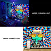 Wall art featuring a psychedelic character design under UV/black light and normal light.