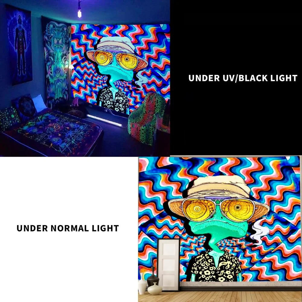 Wall art featuring a psychedelic character design under UV/black light and normal light.