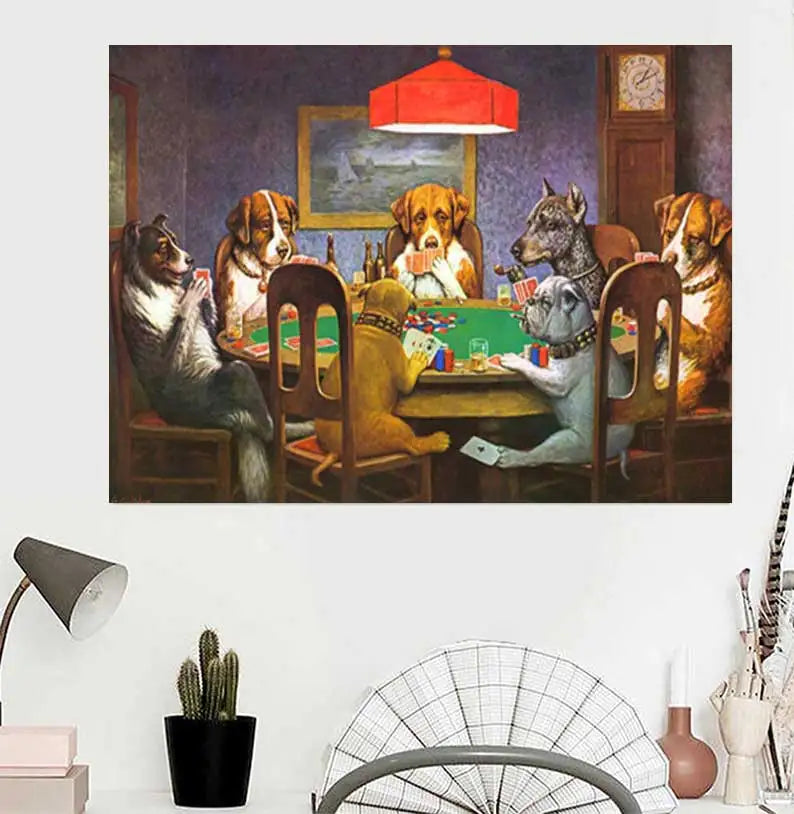 A painting depicting several dogs playing poker around a green table in a dimly lit room.