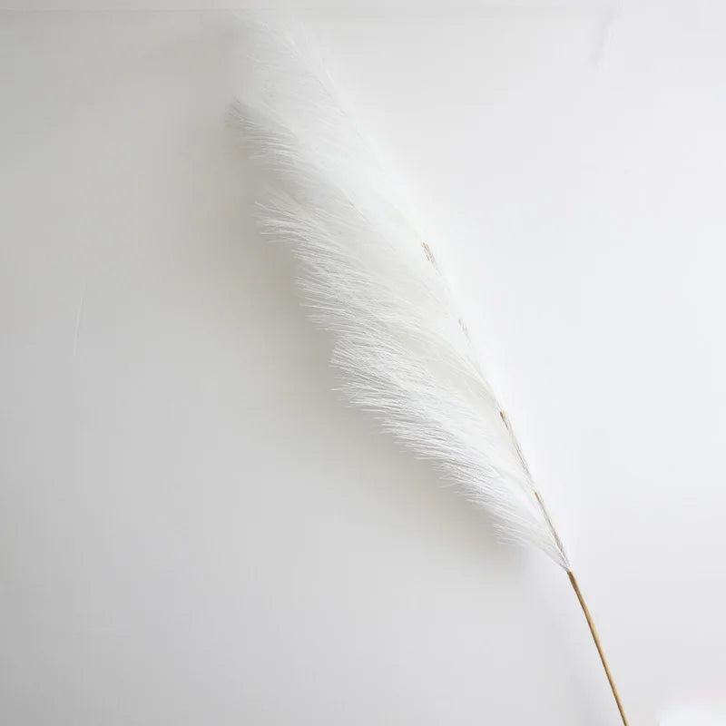 A close-up of a large, white artificial pampas grass stem against a bright white background.