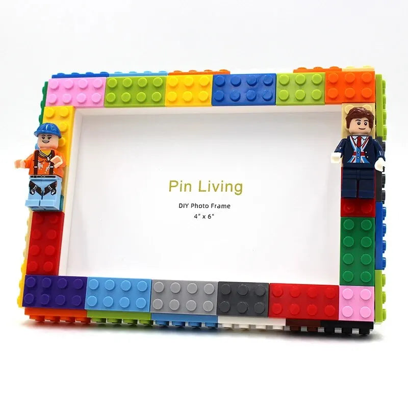 A colorful building block photo frame kit featuring a wooden frame and minifigure characters.