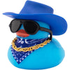 Blue rubber duck with a cowboy hat and sunglasses wearing a gold chain necklace