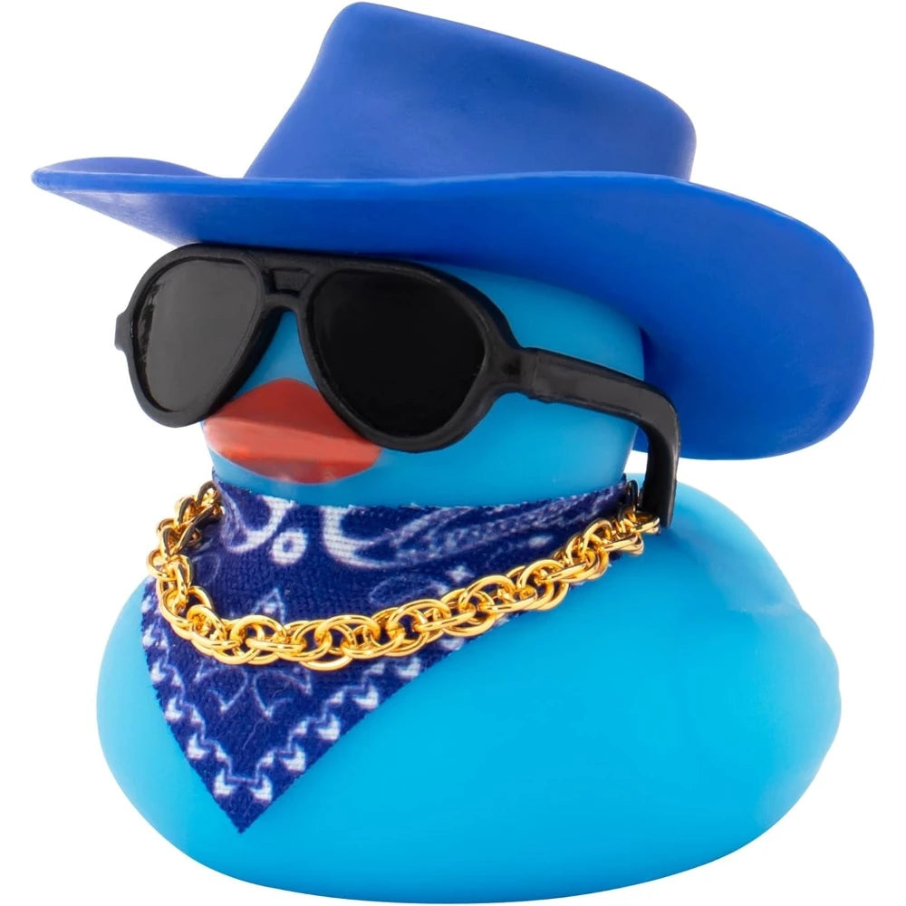 Blue rubber duck with a cowboy hat and sunglasses wearing a gold chain necklace