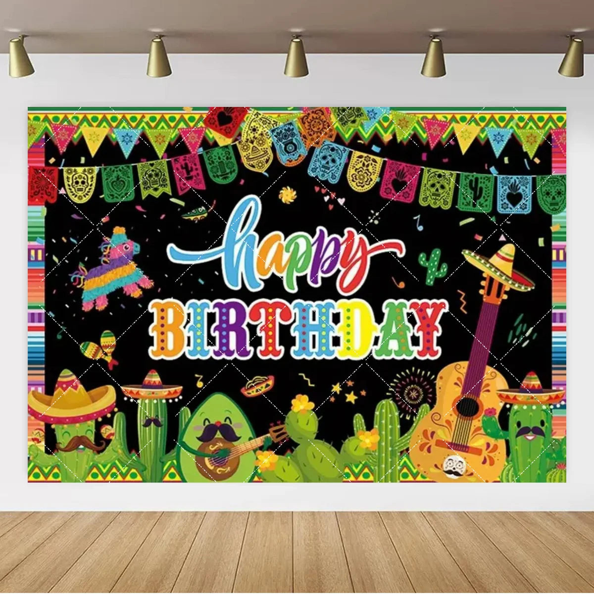 A vibrant Mexican carnival theme backdrop banner featuring cacti, guitars, and colorful bunting.