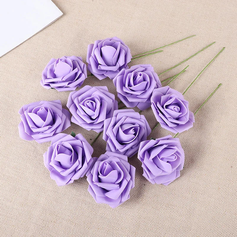 A collection of twenty purple foam rose stems used for weddings and home decor