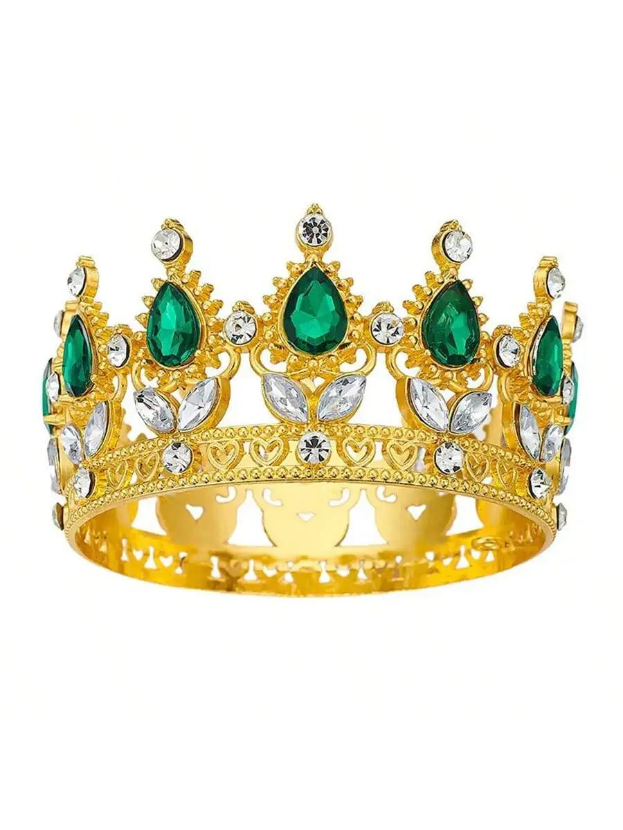 Gold crown ring set featuring emerald green stones and clear rhinestones