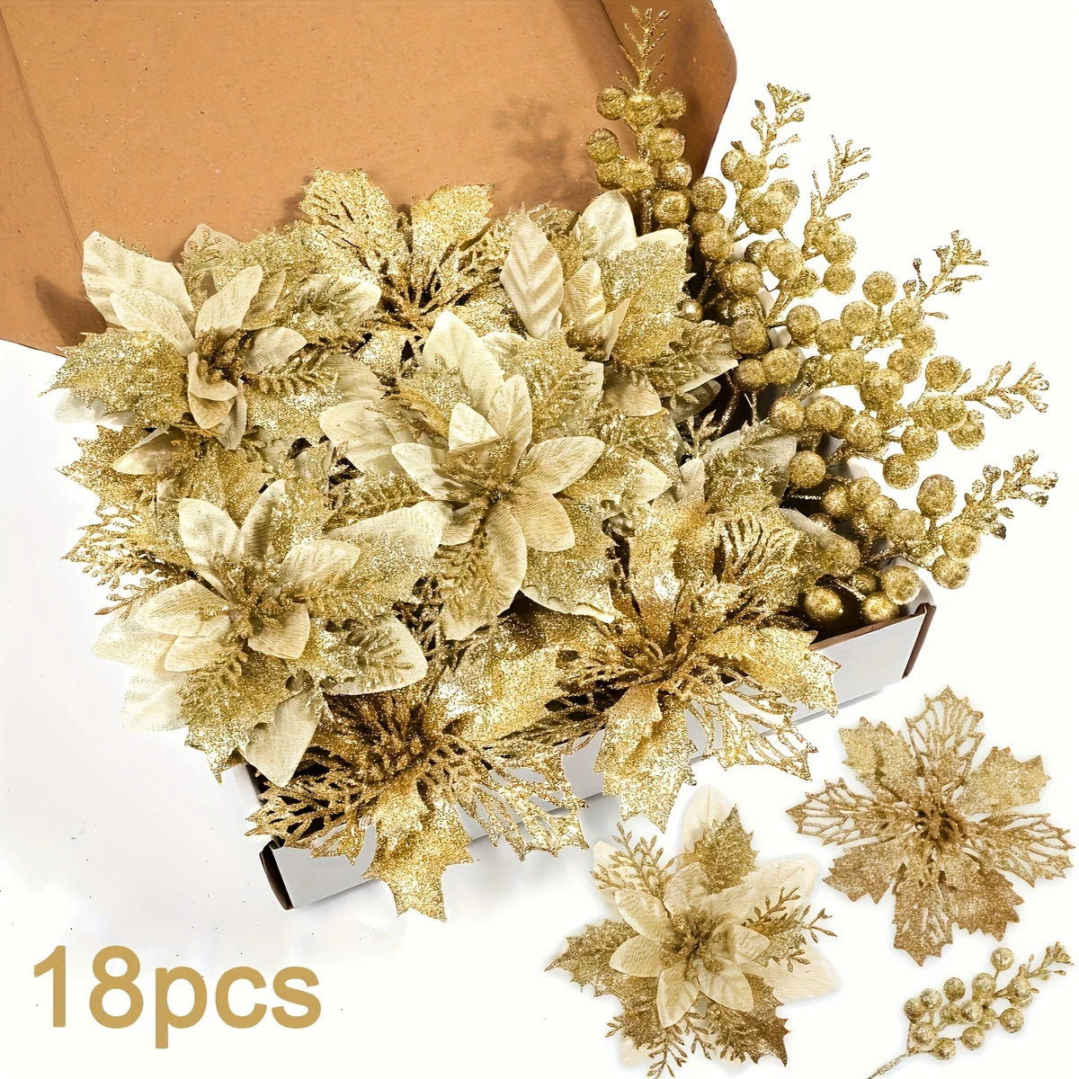 Glitter Christmas Berry & Flower Bouquet Ornaments (Set of 18)