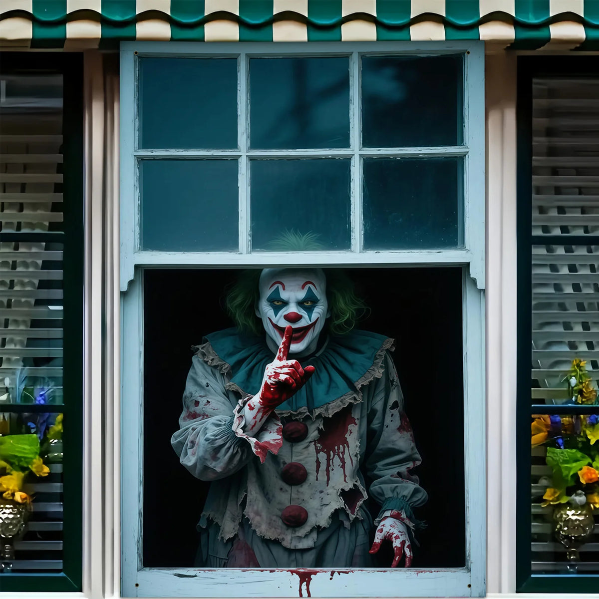 A close-up of a horror carnival clown face painted on a person's face, holding a finger to their lips.