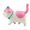 A white and pink 3D cartoon cat figurine with a long tail, used as a refrigerator magnet.