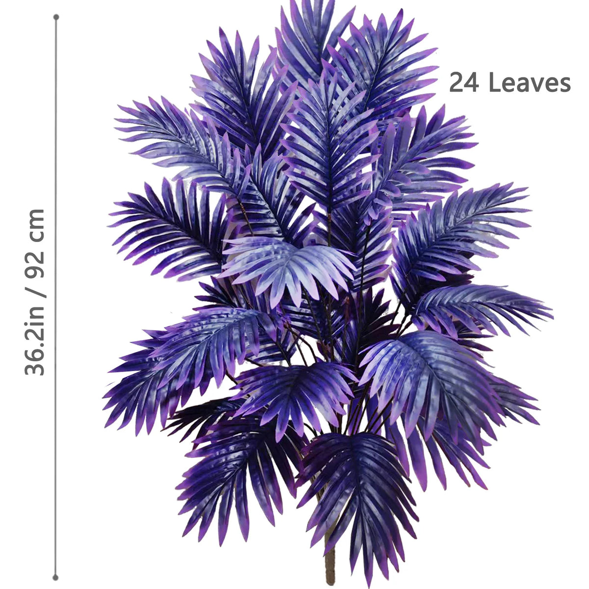 A vibrant artificial palm tree featuring 24 deep purple and blue silk leaves.