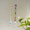 A pair of long, delicate earrings featuring a string of clear crystals and colorful gemstone drops.