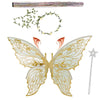 A set of sparkling fairy wings, a wand, and a floral crown made of delicate greenery.