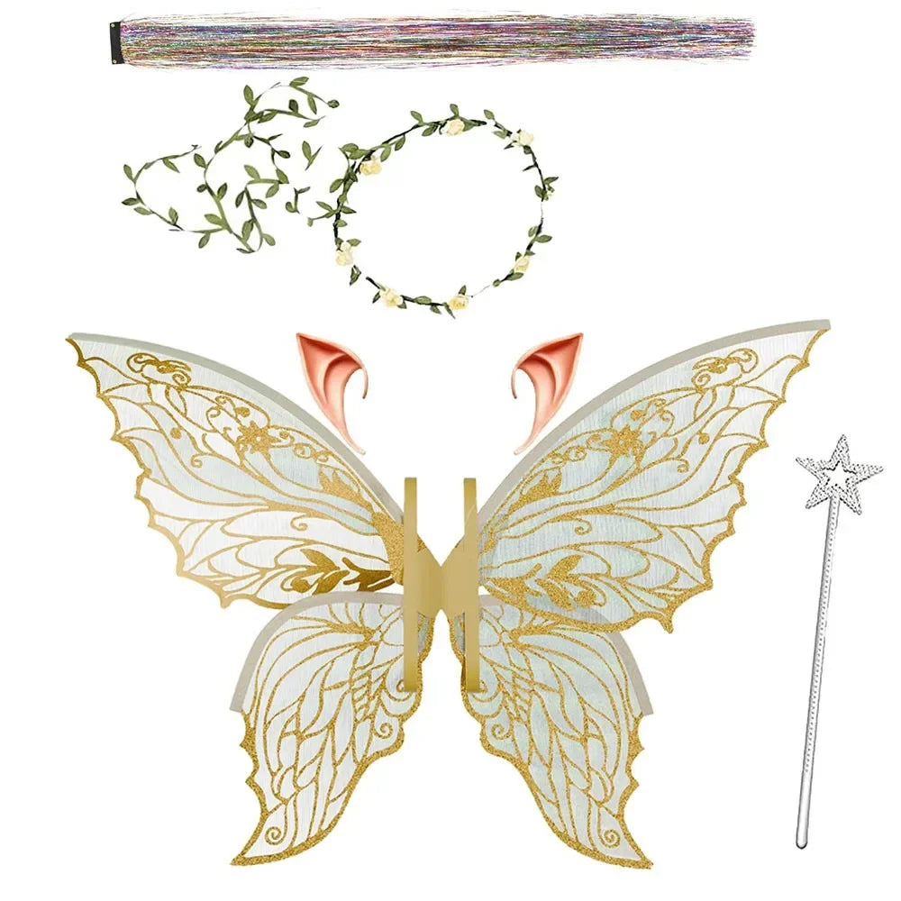 A set of sparkling fairy wings, a wand, and a floral crown made of delicate greenery.