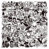 A collection of black and white gothic graffiti stickers featuring skulls, bats, demons, and dark imagery.