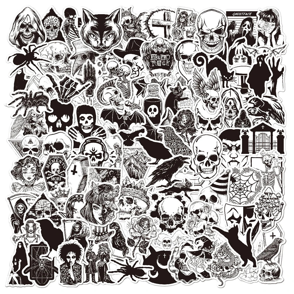 A collection of black and white gothic graffiti stickers featuring skulls, bats, demons, and dark imagery.