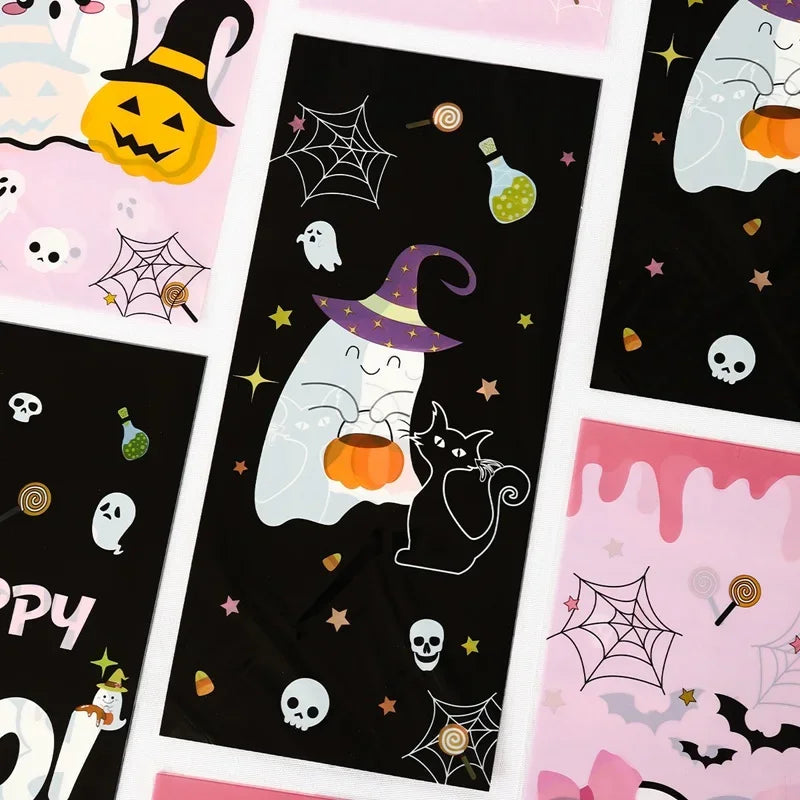 Halloween candy treat bags featuring cute little ghost designs and spooky elements
