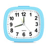 A light blue analog alarm clock face showing the time as 12:00, with black numbers and yellow hands.