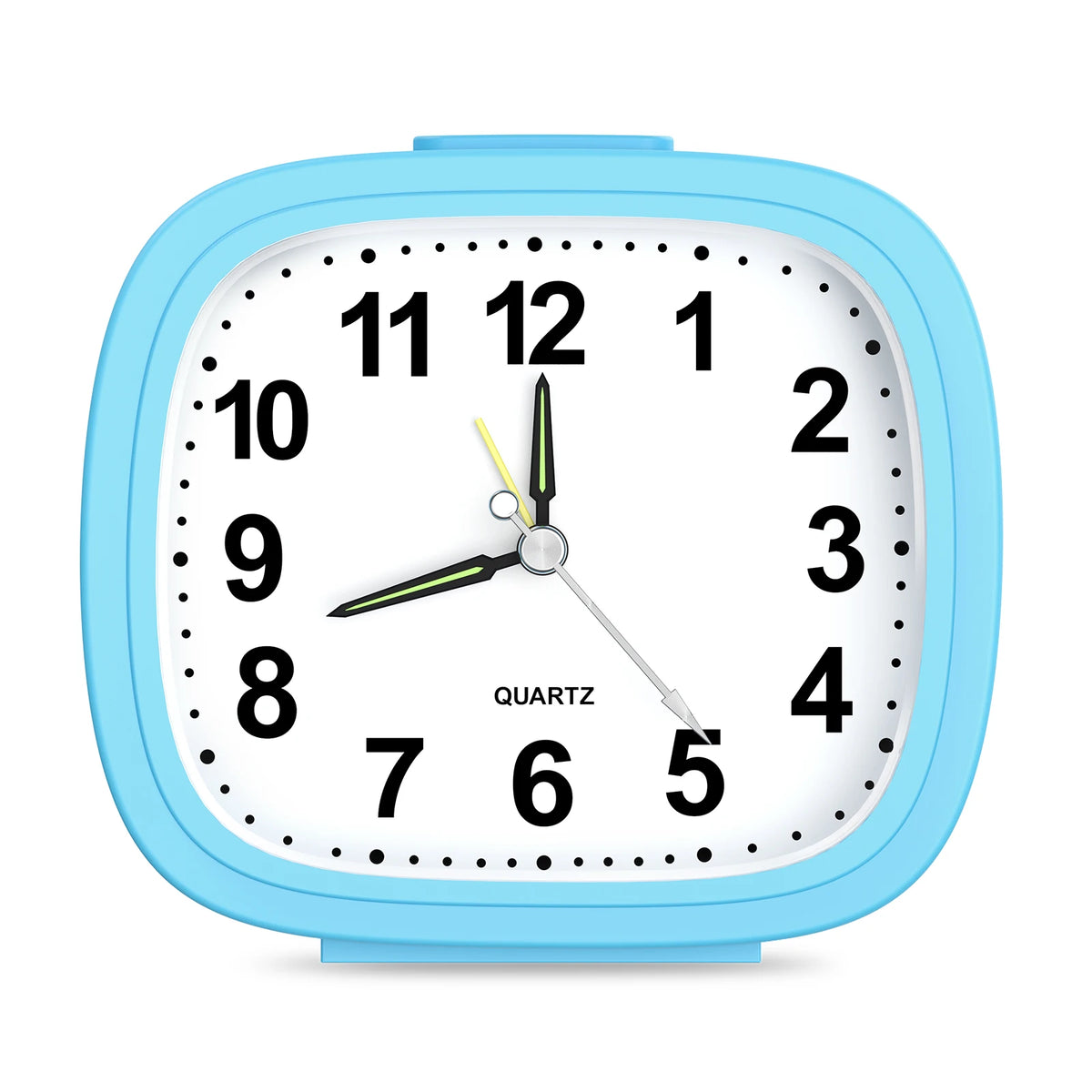 A light blue analog alarm clock face showing the time as 12:00, with black numbers and yellow hands.