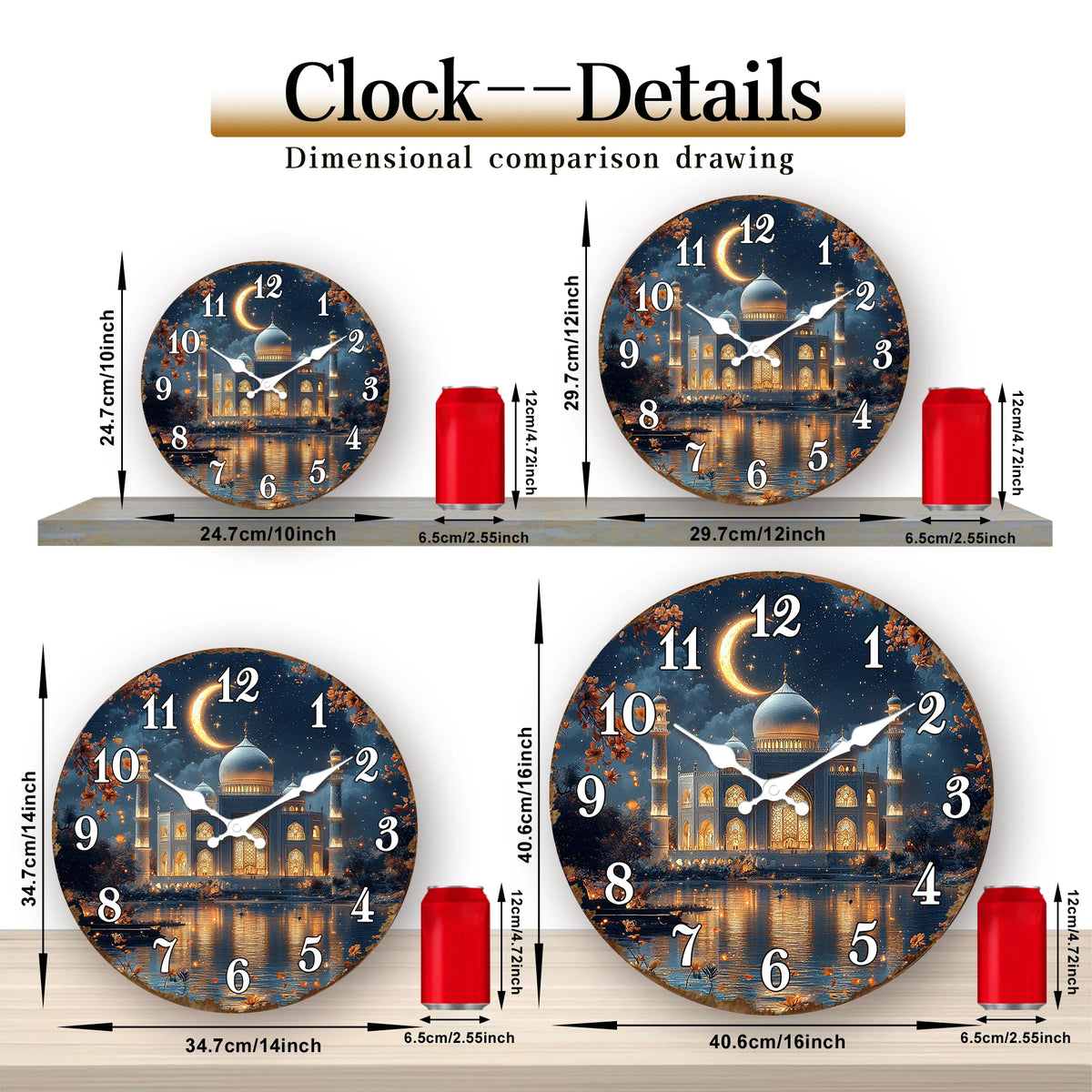 Dessin comparatif dimensionnel d'une horloge murale en croissant islamique, montrant diverses tailles et détails.