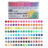 A set of 120 dual-tip brush pens in various colors arranged in a clear plastic case.