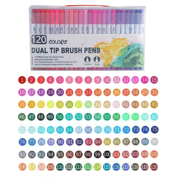 A set of 120 dual-tip brush pens in various colors arranged in a clear plastic case.