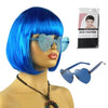 A bright blue bob wig with light-up features is displayed next to a packaging bag and sunglasses.