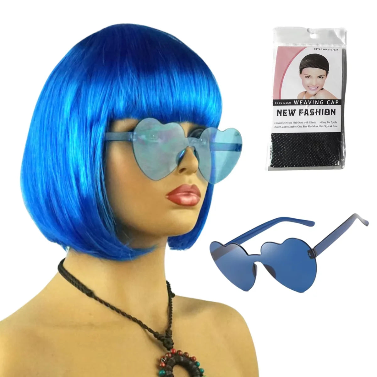 A bright blue bob wig with light-up features is displayed next to a packaging bag and sunglasses.