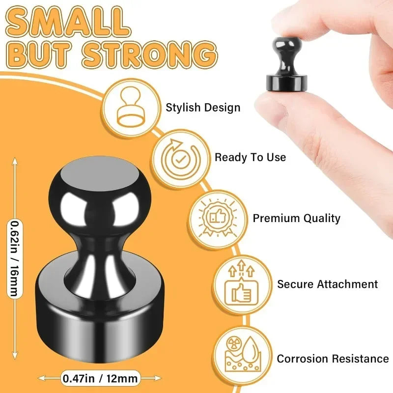 Nahaufnahme eines kleinen schwarzen magnetischen Steckpins und seiner Komponenten, die stilvolles Design und hochwertige Qual