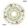A gold-rimmed vintage floral paper tableware set featuring a centerpiece design with pink and green accents.