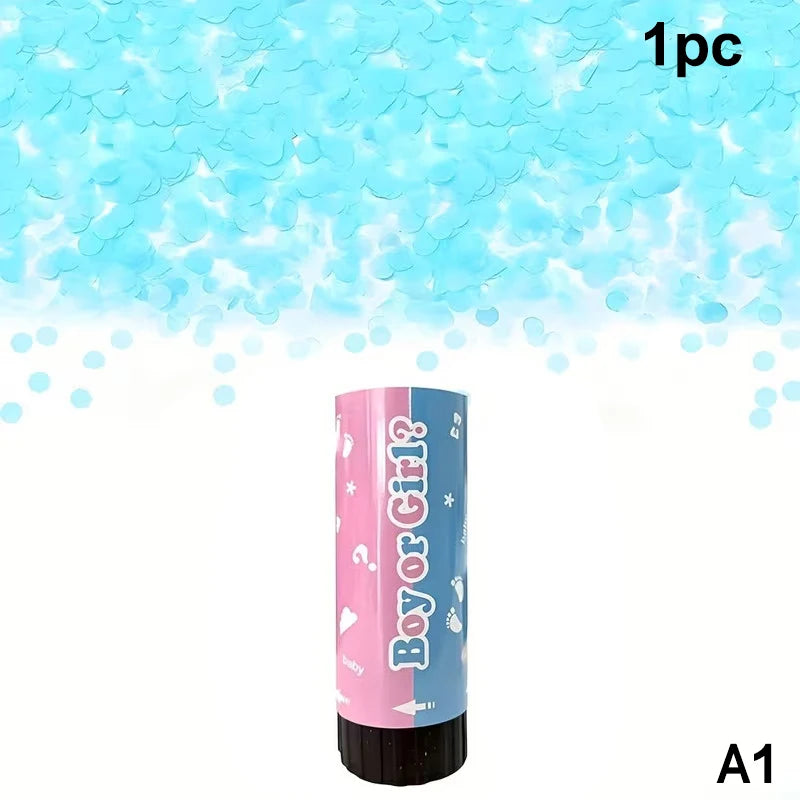 A single pink and blue confetti cannon for a gender reveal event.