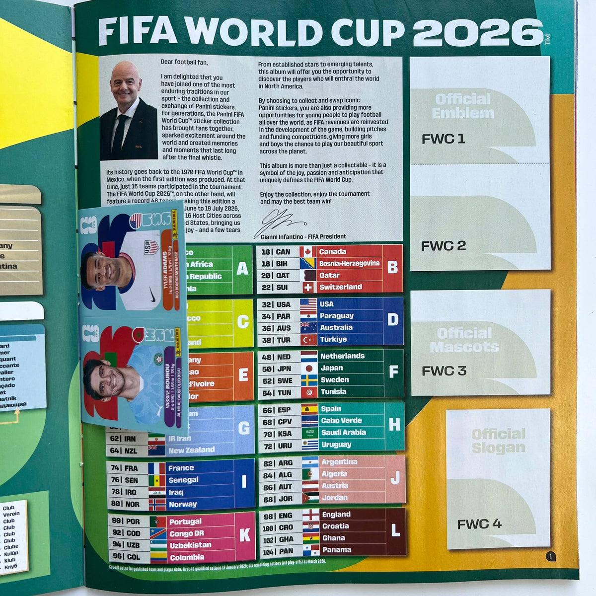 A box of official stickers for the FIFA World Cup 2026 featuring various national teams and tournament details.