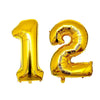 A set of gold foil number balloons shaped like the numbers 1 and 2.