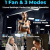 A woman is using a portable neck fan with three different fitness modes in a gym setting.