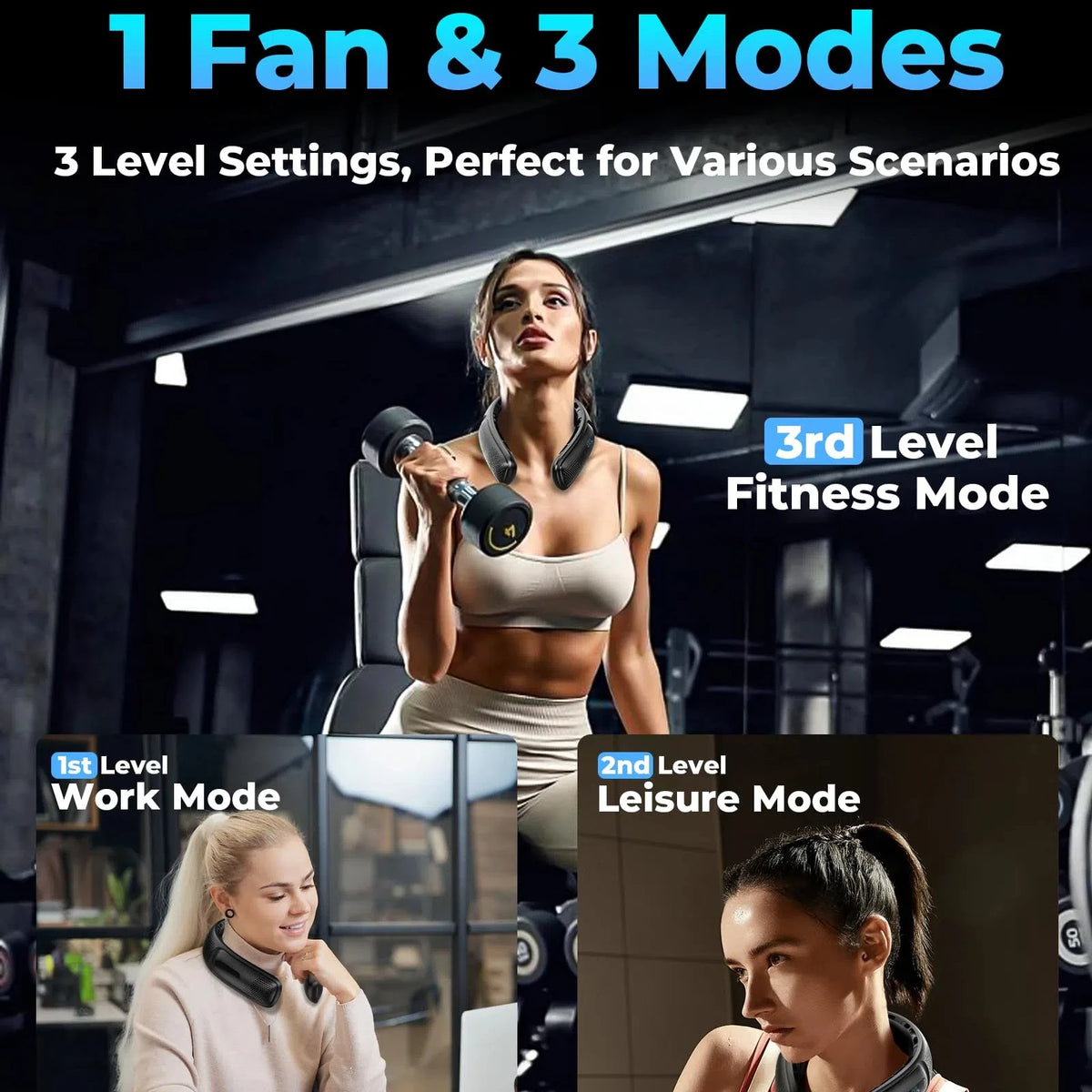 A woman is using a portable neck fan with three different fitness modes in a gym setting.