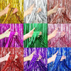 A collage of hands holding metallic foil fringe curtains in various colors including gold, silver, purple, green, and red.