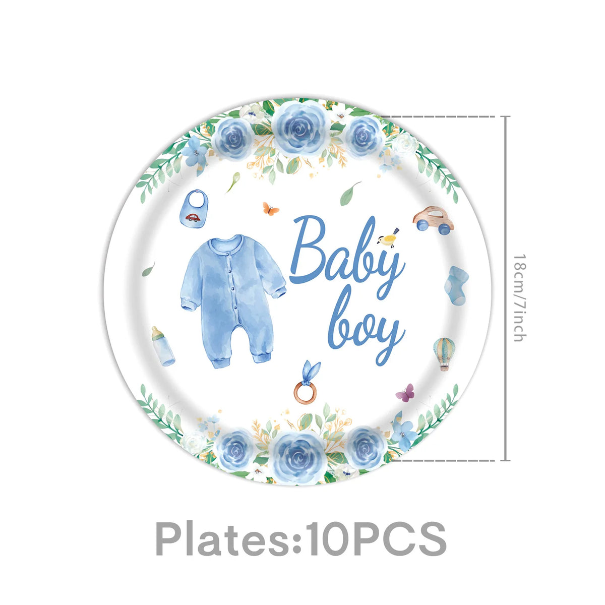 A plate featuring a blue baby boy theme with floral accents and a baby outfit.