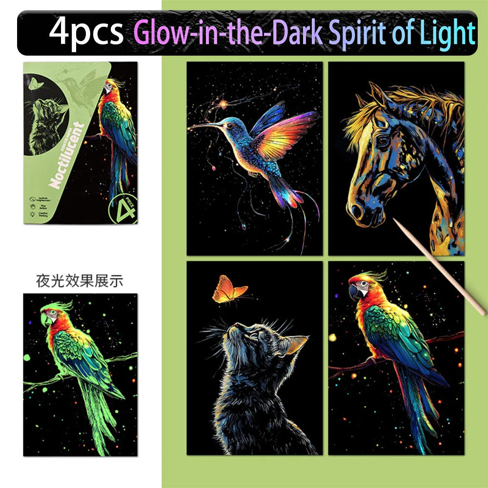 A set of four glow-in-the-dark scratch painting art kits featuring nocturnal animals like a parrot, horse, and cat.